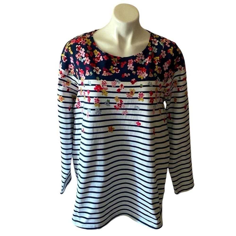 Joules 100% Cotton Floral Striped Harbour Print Long Sleeve Top Size 22